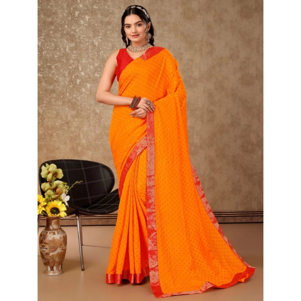 Amfyn Women's Vichitra Bandhani Saree With Unstitched Blouse (Yellow, 5-6 Mtrs)