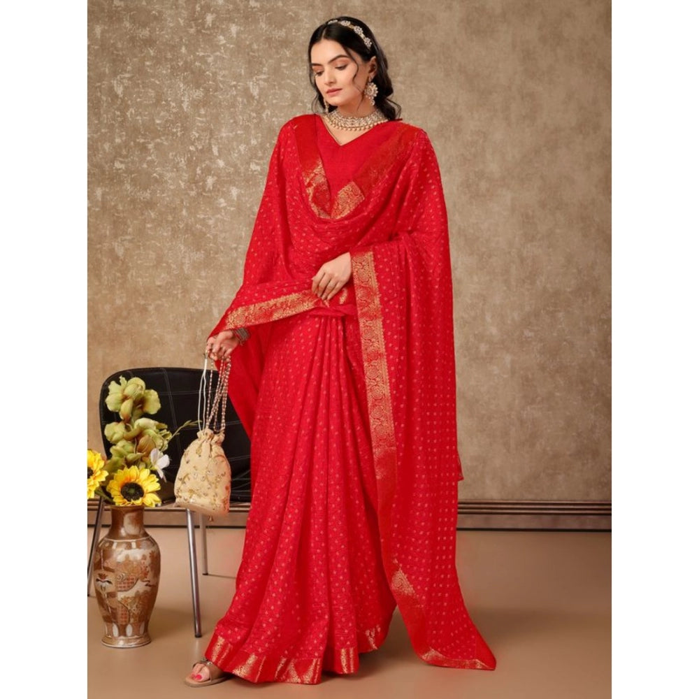Amfyn Women's Vichitra Bandhani Saree With Unstitched Blouse (Red, 5-6 Mtrs)