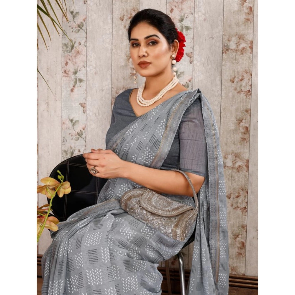 Fashion Women's Zomto Cheked Saree With Unstitched Blouse (Grey, 5-6 Mtrs)