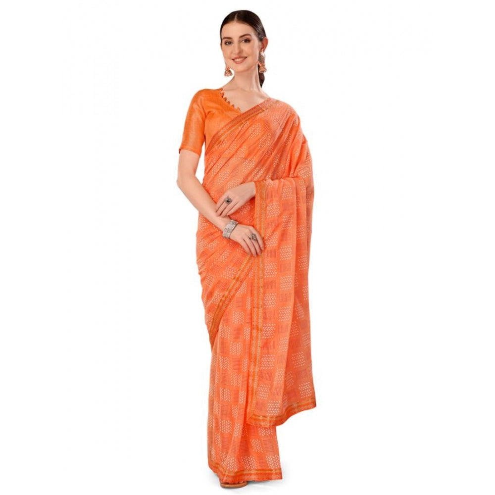 Fashion Women's Zomto Cheked Saree With Unstitched Blouse (Peach, 5-6 Mtrs)