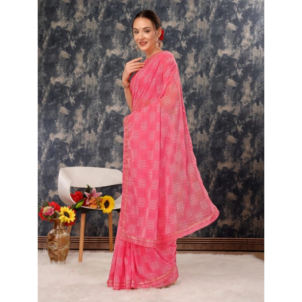 Fashion Women's Zomto Cheked Saree With Unstitched Blouse (Pink, 5-6 Mtrs)
