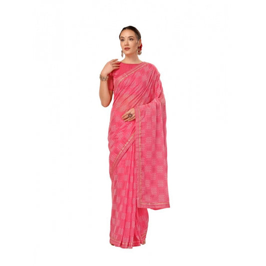 Fashion Women's Zomto Cheked Saree With Unstitched Blouse (Pink, 5-6 Mtrs)