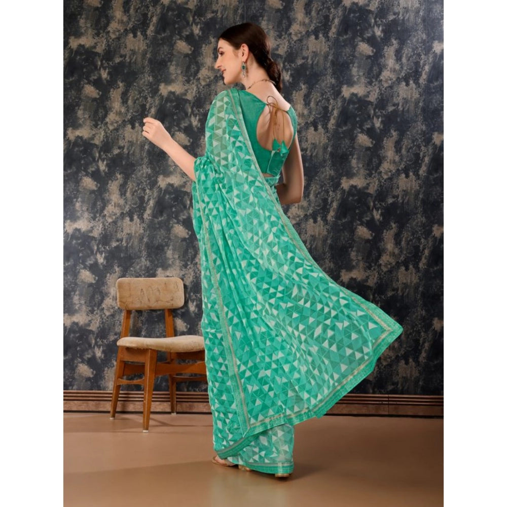 Amfyn Women's Zomto Printed Saree With Unstitched Blouse (Turquoise Green, 5-6 Mtrs)