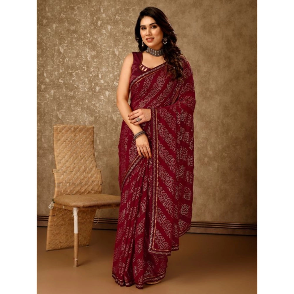 Amfyn Women's Zomto Bandhani Saree With Unstitched Blouse (Maroon, 5-6 Mtrs)