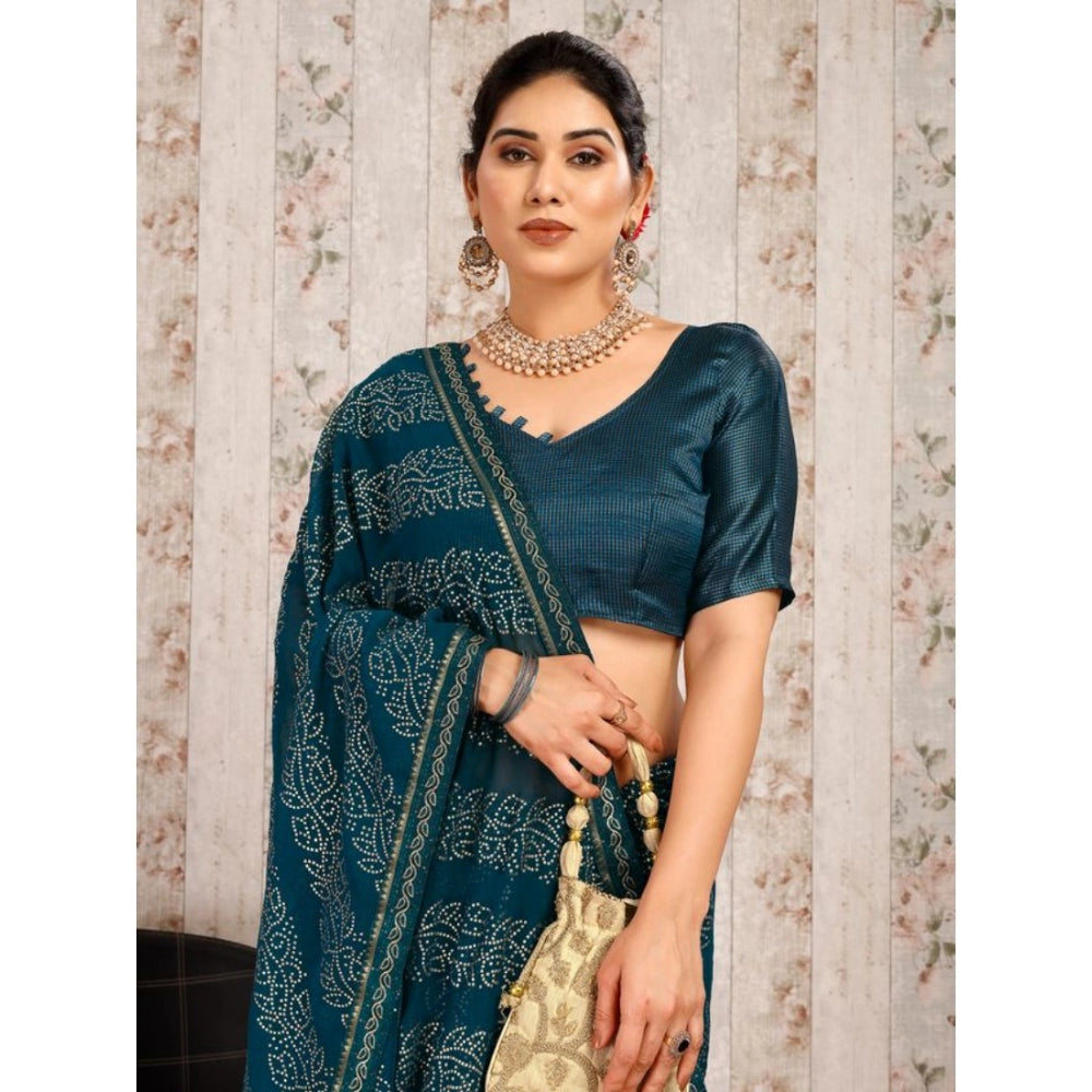 Amfyn Women's Zomto Bandhani Saree With Unstitched Blouse (Blue, 5-6 Mtrs)