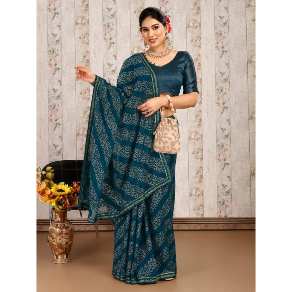 Amfyn Women's Zomto Bandhani Saree With Unstitched Blouse (Blue, 5-6 Mtrs)