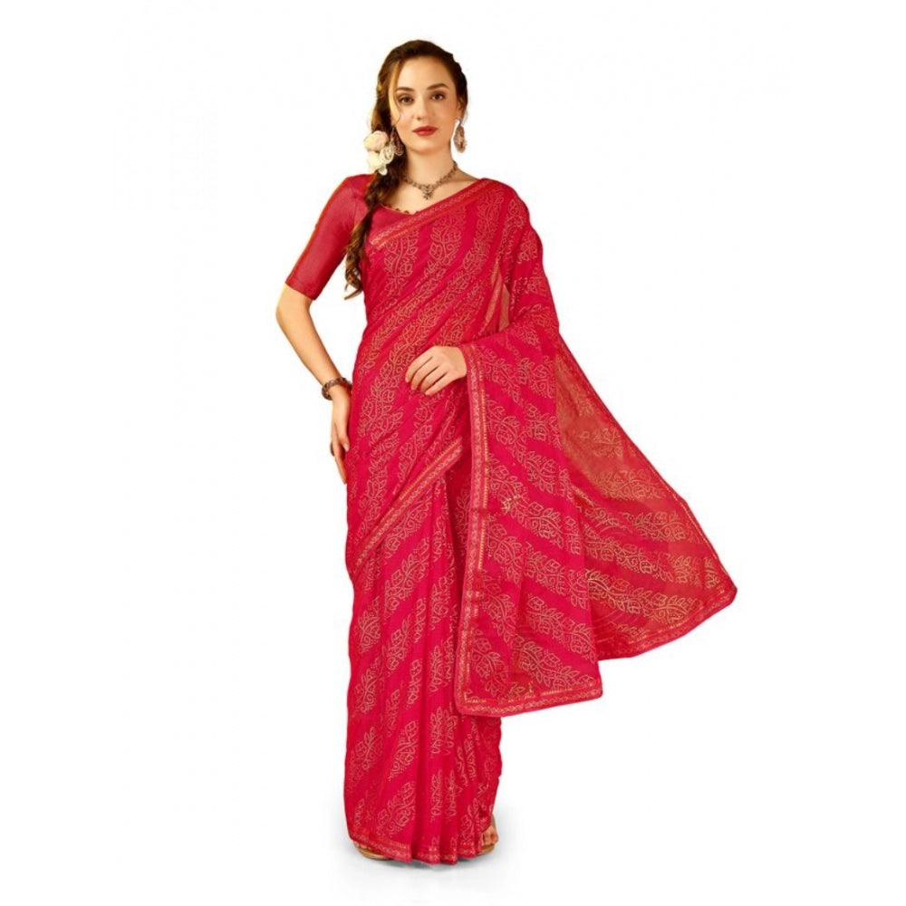 Amfyn Women's Zomto Bandhani Saree With Unstitched Blouse (Pink, 5-6 Mtrs)