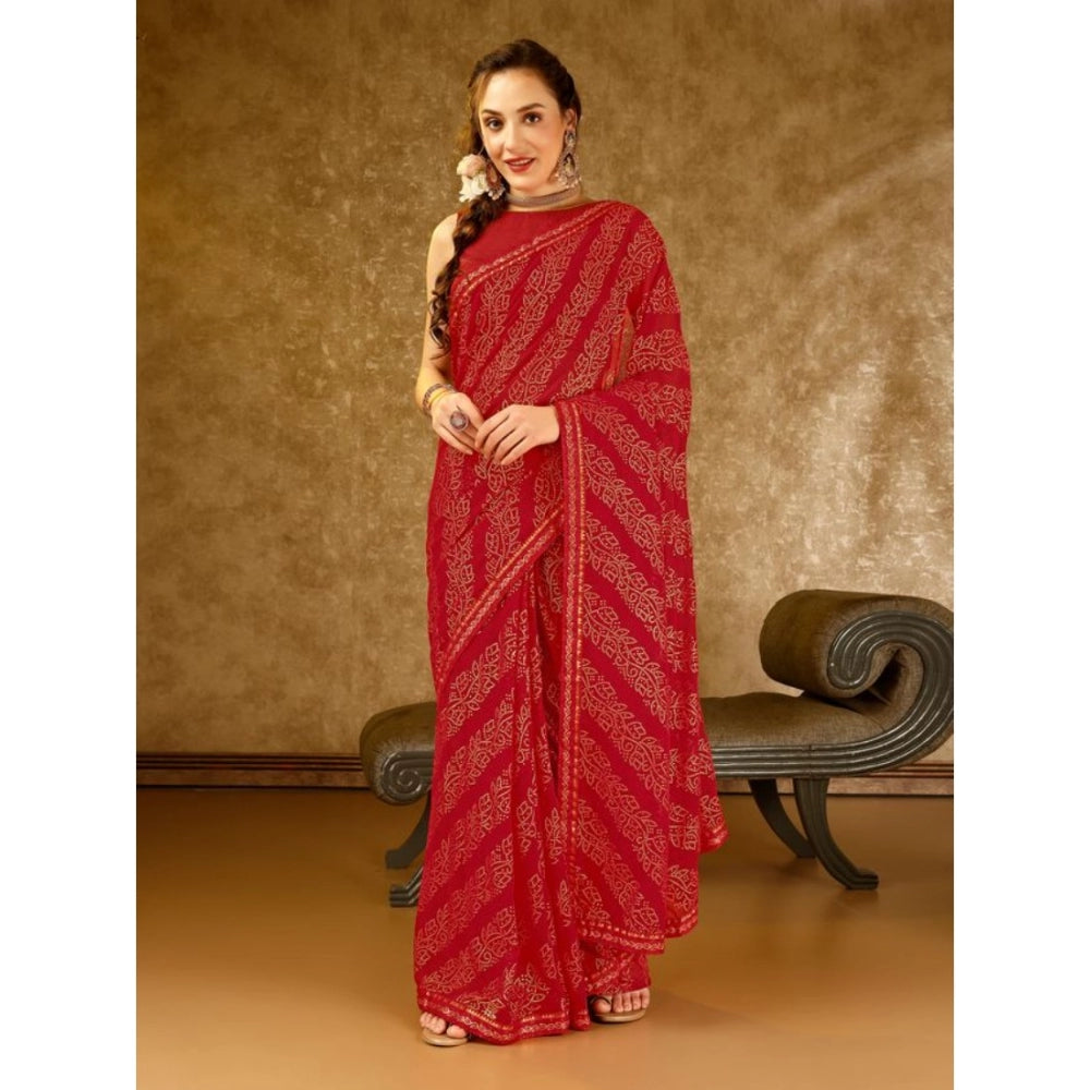 Amfyn Women's Zomto Bandhani Saree With Unstitched Blouse (Red, 5-6 Mtrs)