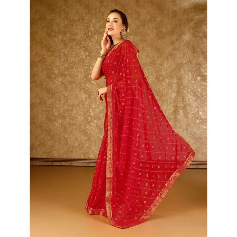Amfyn Women's Zomto Bandhani Saree With Unstitched Blouse (Red, 5-6 Mtrs)