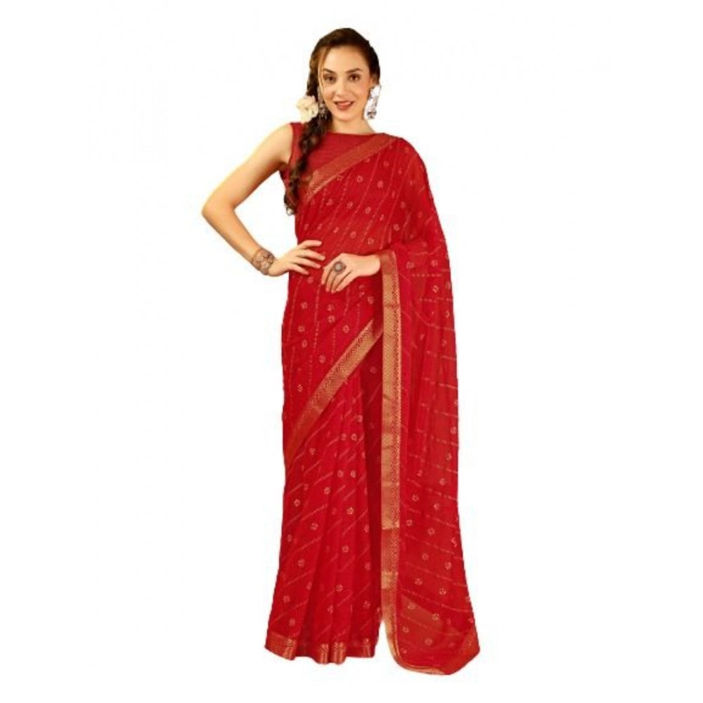 Amfyn Women's Zomto Bandhani Saree With Unstitched Blouse (Red, 5-6 Mtrs)