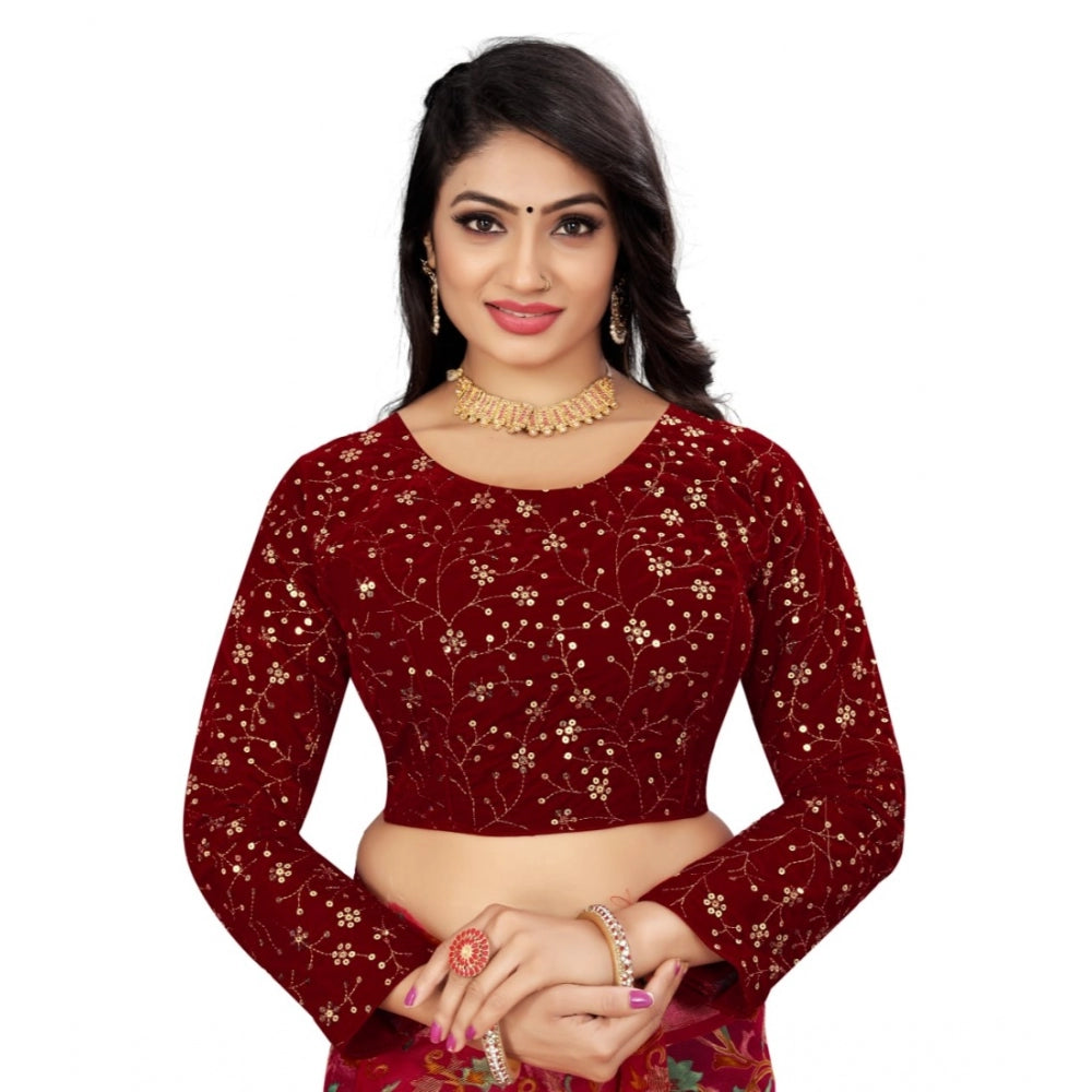 Amfyn Women's Velvet Embroidery Readymade Blouse (Maroon, Size: Free Size)