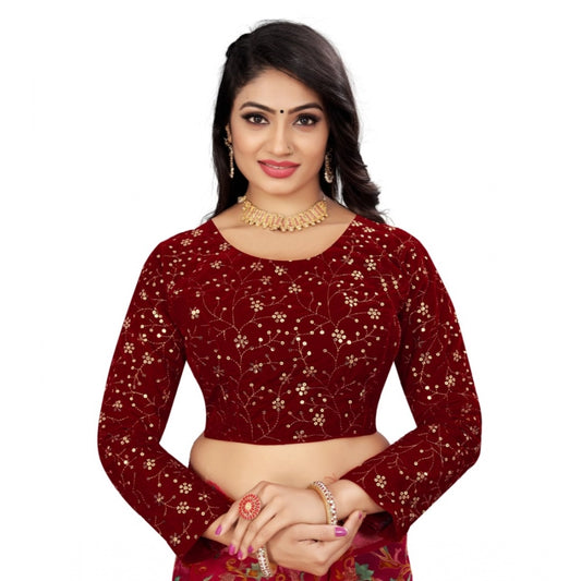 Amfyn Women's Velvet Embroidery Readymade Blouse (Maroon, Size: Free Size)