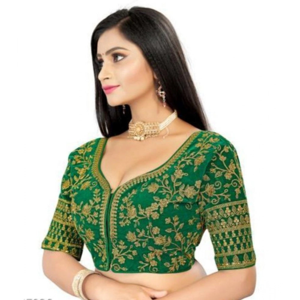Amfyn Women's Velvet Embroidery Readymade Blouse (Green, Size: Free Size)