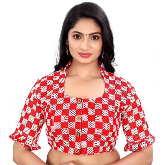 Amfyn Women's Cotton Blend Checks Readymade Blouse (Red, Size: Free Size)