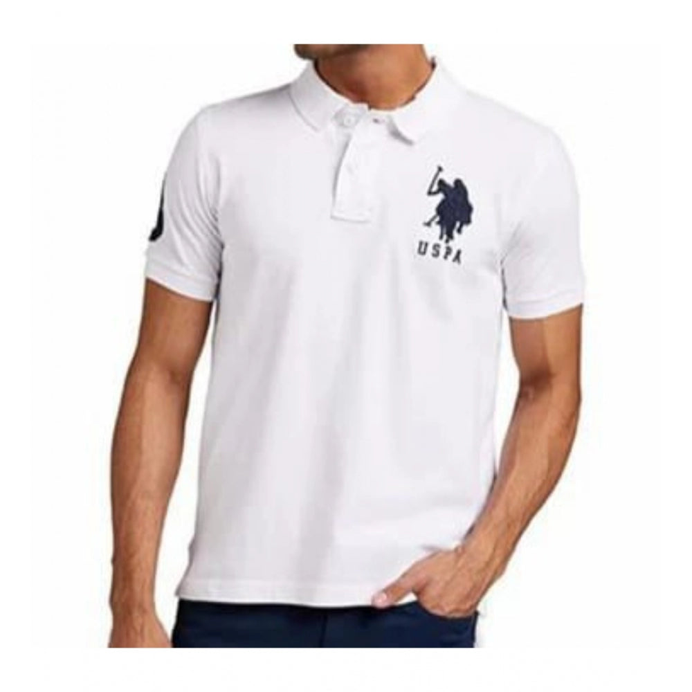 Amfyn Men's Casual Half sleeve Solid Cotton Polo Neck T-shirt (White)