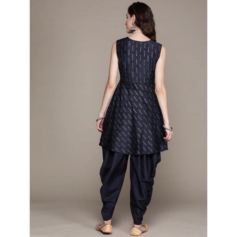 Amfyn Women's Casual Sleeveless Floral Printed Chinon Kurti And Dhoti Pant Set (Dark Blue)