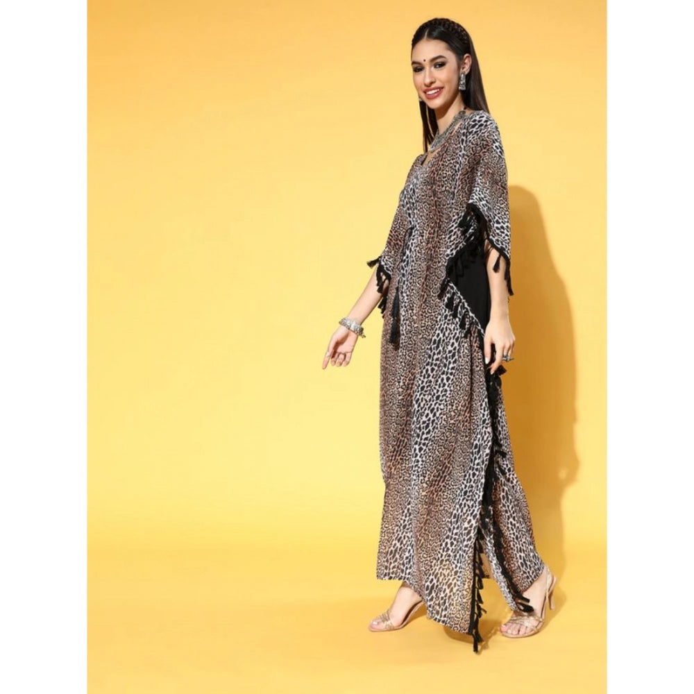 Amfyn Women's Casual Half Sleeve Animal Printed Georgette Kurti (Brown)