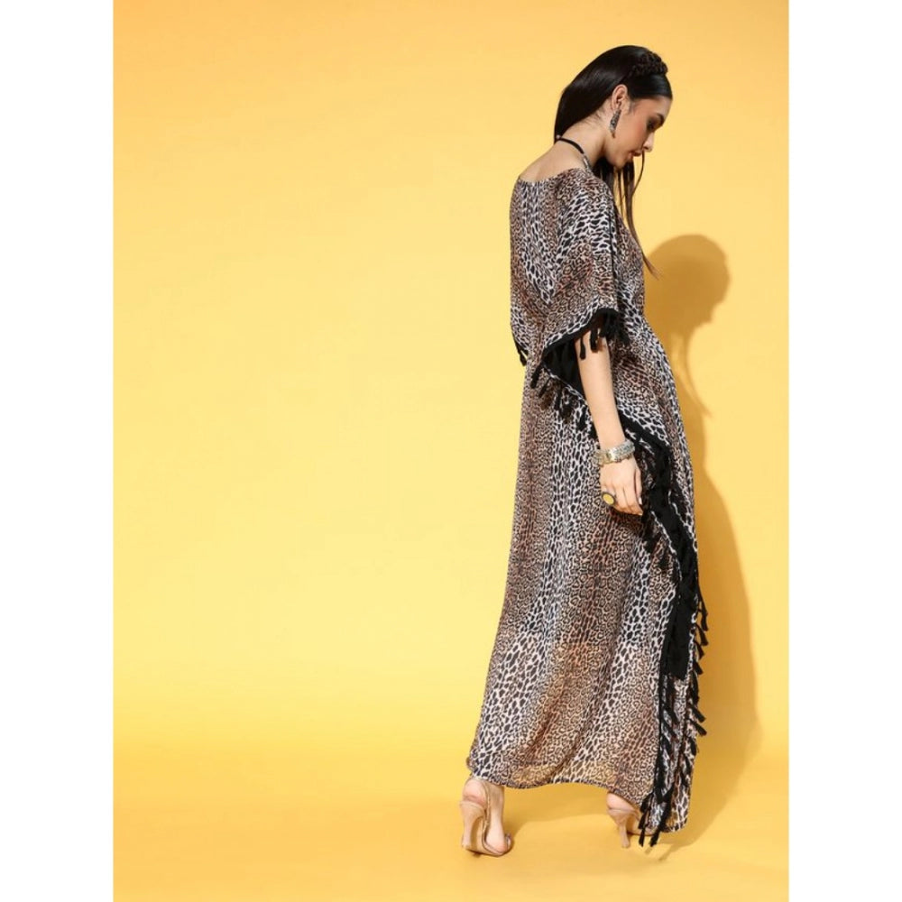 Amfyn Women's Casual Half Sleeve Animal Printed Georgette Kurti (Brown)