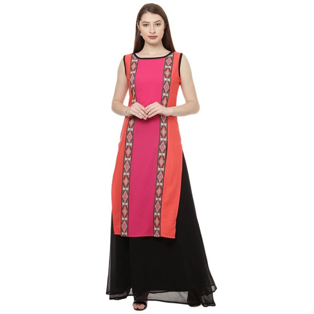 Amfyn Women's Casual Sleeveless Geometric Crepe Kurti (Pink)