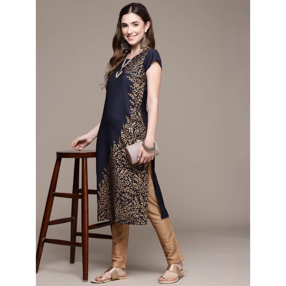 Amfyn Women's Casual Short Sleeves Floral Printed Crepe Kurti (Blue)