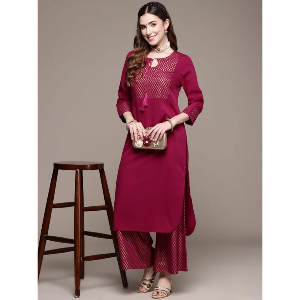 Amfyn Women's Casual Full Sleeve Ethnic Motifs Crepe Kurti and Palazzo Set (Dark Pink)