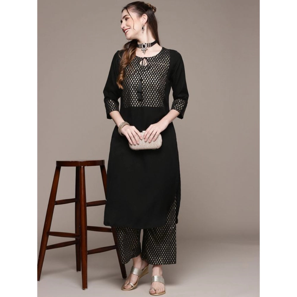 Amfyn Women's Casual Full Sleeve Ethnic Motifs Crepe Kurti and Palazzo Set (Black)