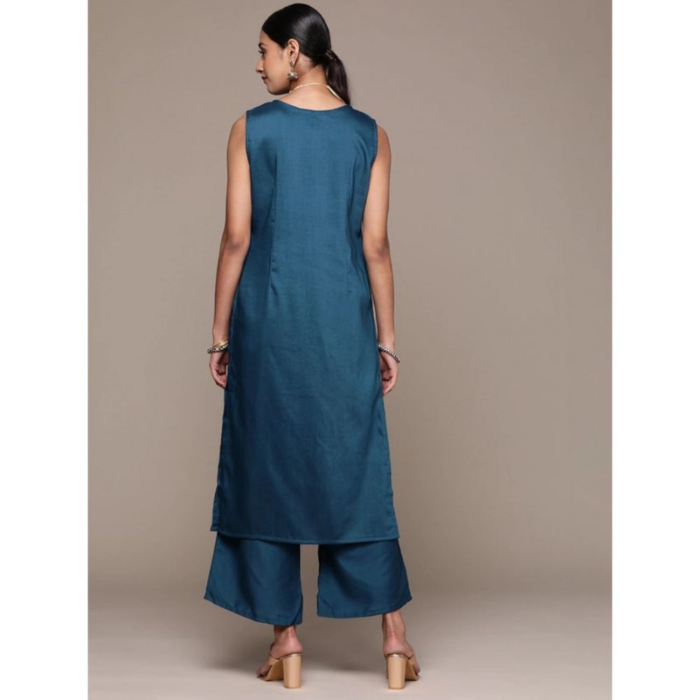 Amfyn Women's Casual Sleeveless Floral Printed Chinon Kurti and Palazzo Set (Teal Blue)