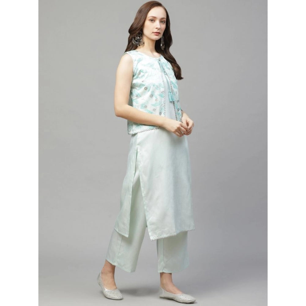 Amfyn Women's Casual Sleeveless Abstract Poly Silk Kurti and Palazzo Set (Mint Green)