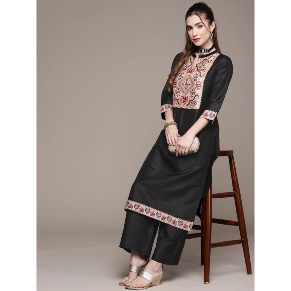 Amfyn Women's Casual 3-4Th Sleeve Floral Printed Poly Silk Kurti and Palazzo Set (Black)