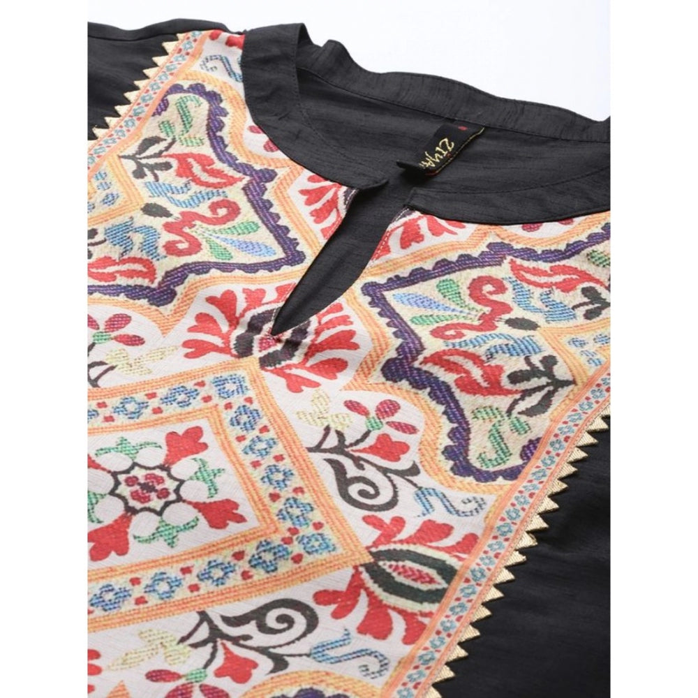 Amfyn Women's Casual 3-4Th Sleeve Floral Printed Poly Silk Kurti and Palazzo Set (Black)