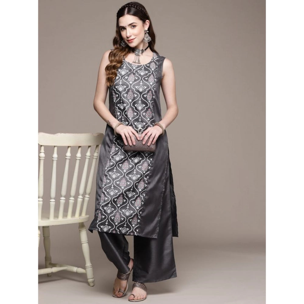 Amfyn Women's Casual Sleeveless Floral Printed Poly Silk Kurti and Palazzo Set (Dark Grey)