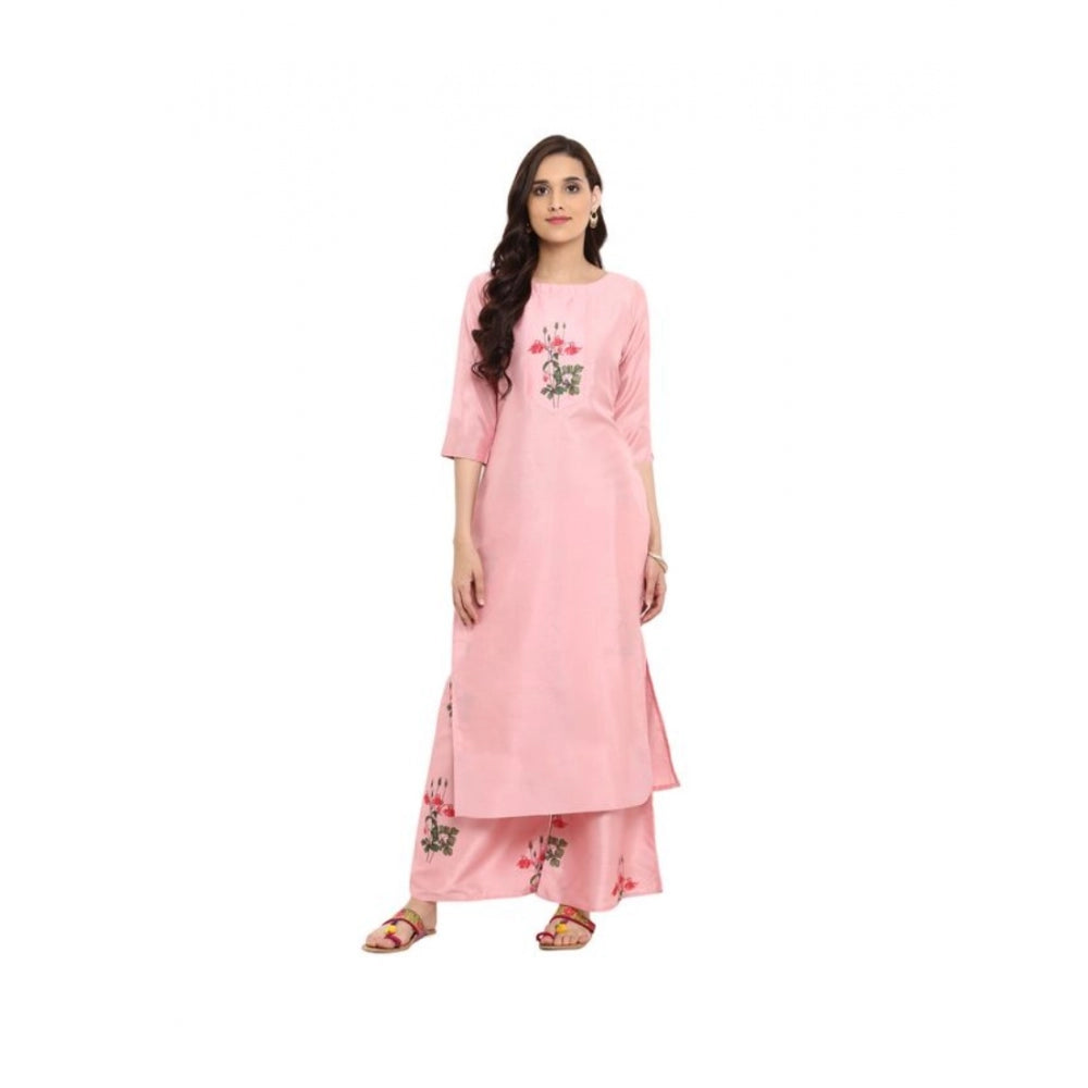 Amfyn Women's Casual 3-4Th Sleeve Floral Printed Poly Silk Kurti and Palazzo Set (Pink)