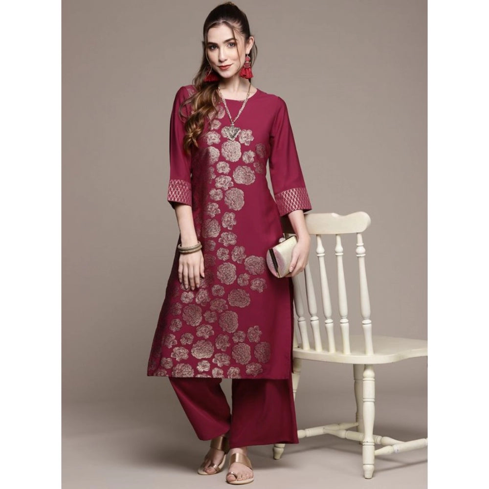 Amfyn Women's Casual 3-4Th Sleeve Floral Printed Crepe Kurti And Palazzo Set (Dark Pink)