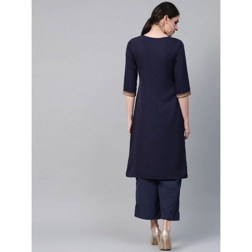 Amfyn Women's Casual 3-4Th Sleeve Floral Printed Crepe Kurti And Palazzo Set (Navy Blue)