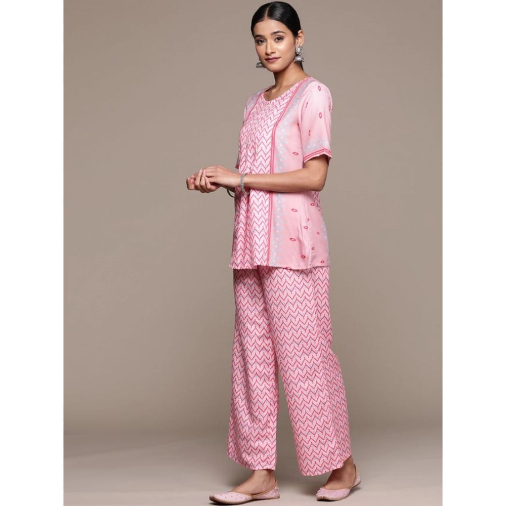 Amfyn Women's Casual Half Sleeve Geometric Rayon Kurti And Palazzo Set (Pink)