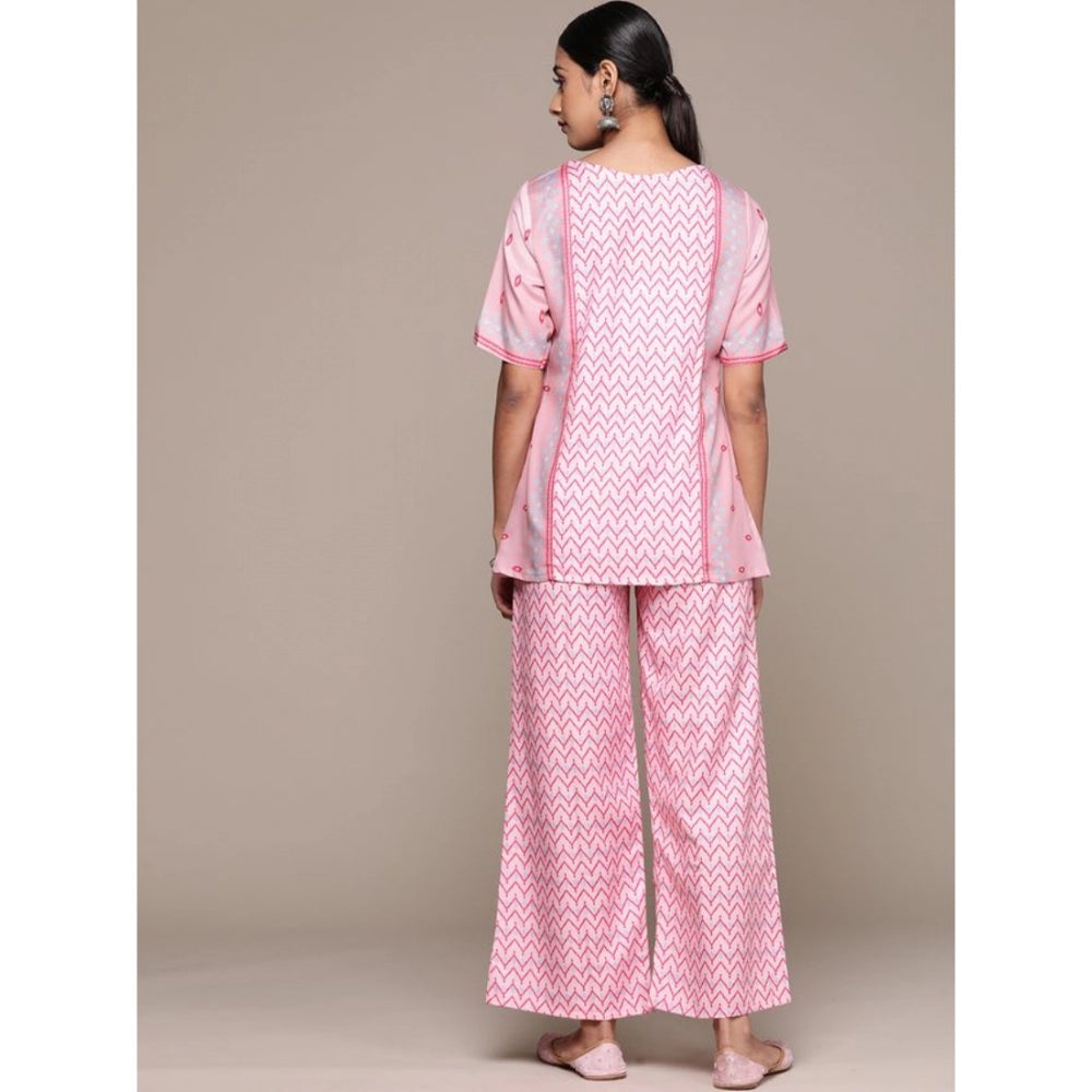Amfyn Women's Casual Half Sleeve Geometric Rayon Kurti And Palazzo Set (Pink)