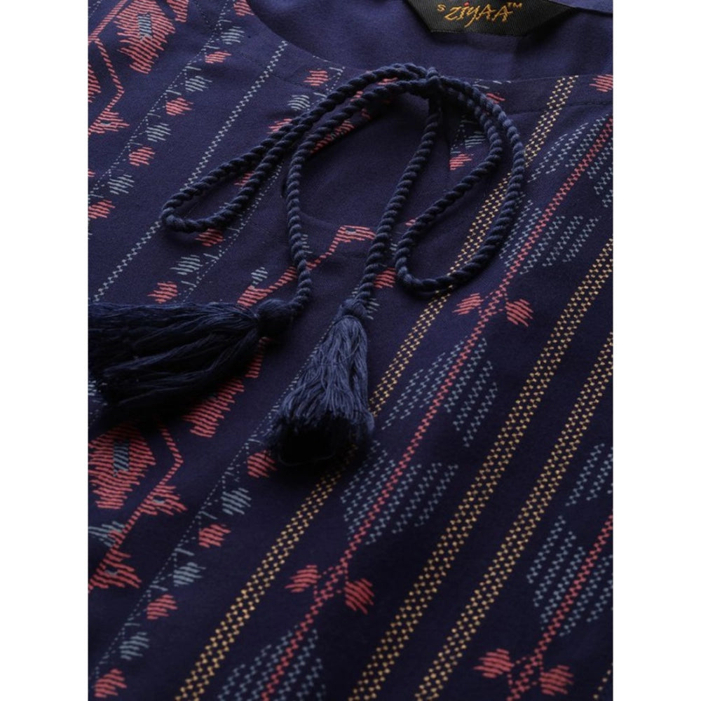 Amfyn Women's Casual Sleeveless Ikkat Rayon Kurti and Palazzo Set (Navy Blue)
