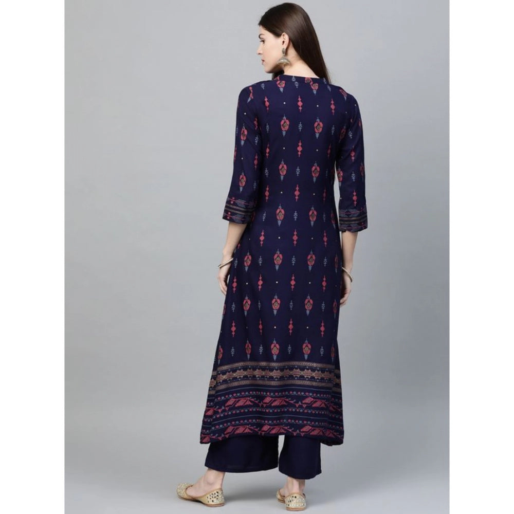 Amfyn Women's Casual 3-4Th Sleeve Ikkat Rayon Kurti and Palazzo Set (Navy Blue)