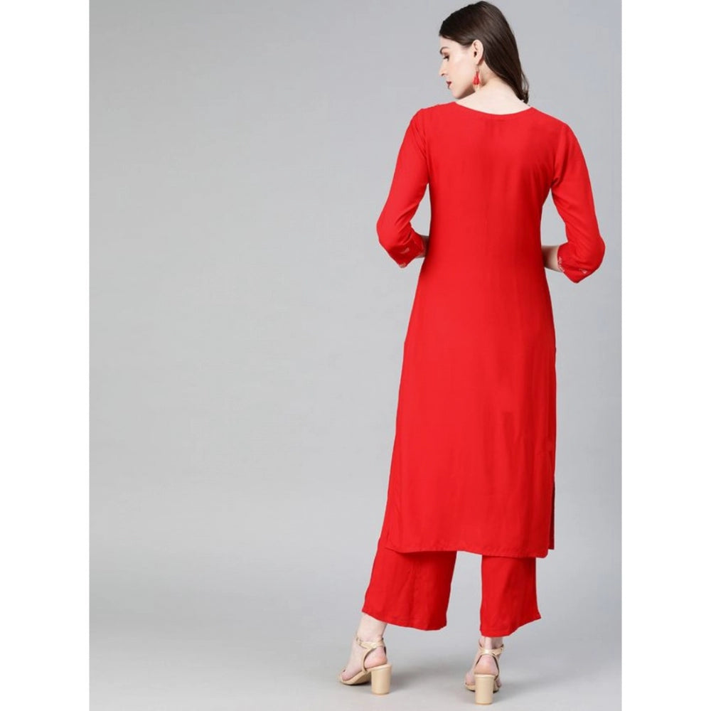 Amfyn Women's Casual 3-4Th Sleeve Floral Printed Rayon Kurti and Palazzo Set (Red)