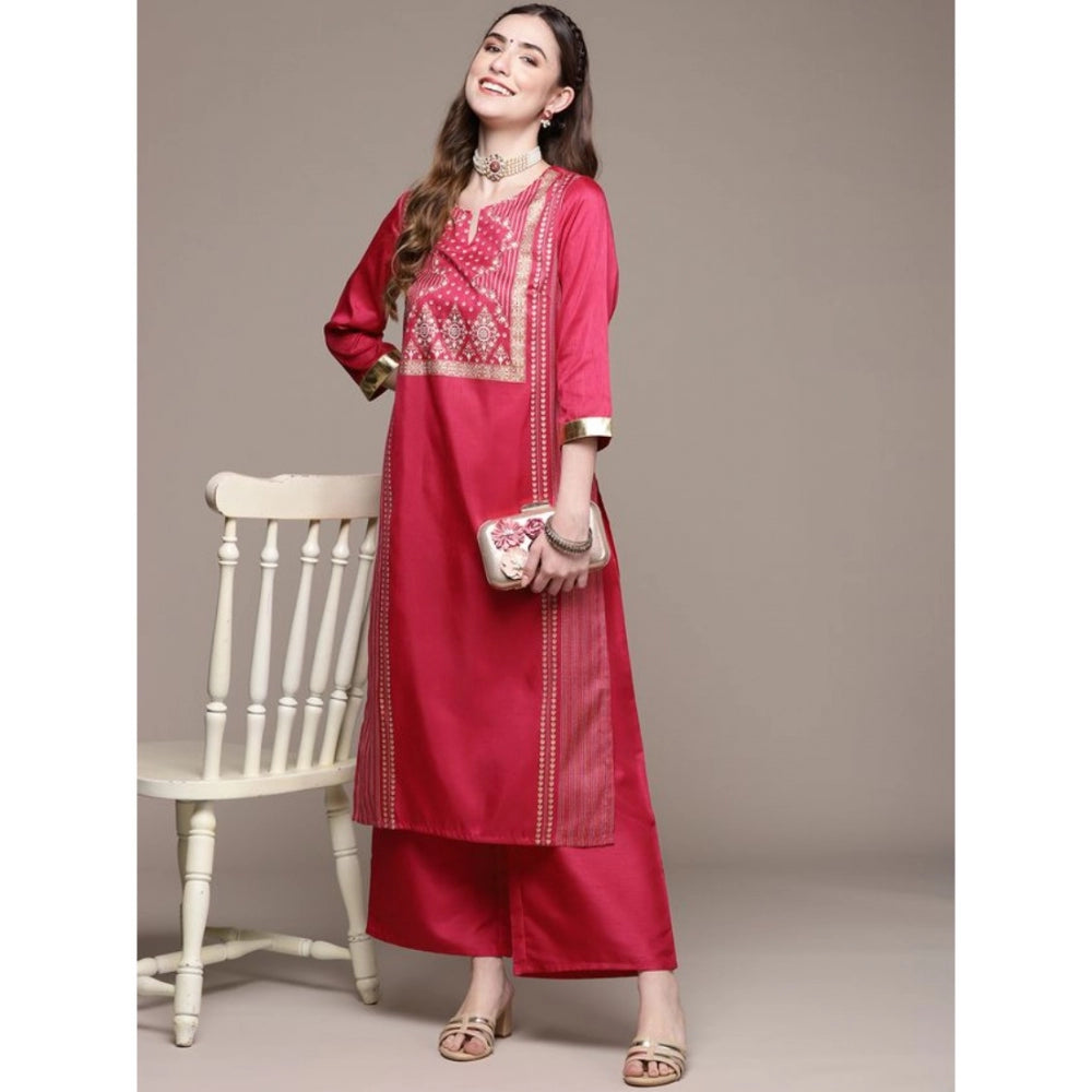Amfyn Women's Casual 3-4Th Sleeve Ethnic Motifs Poly Silk Kurti And Palazzo Set (Pink)