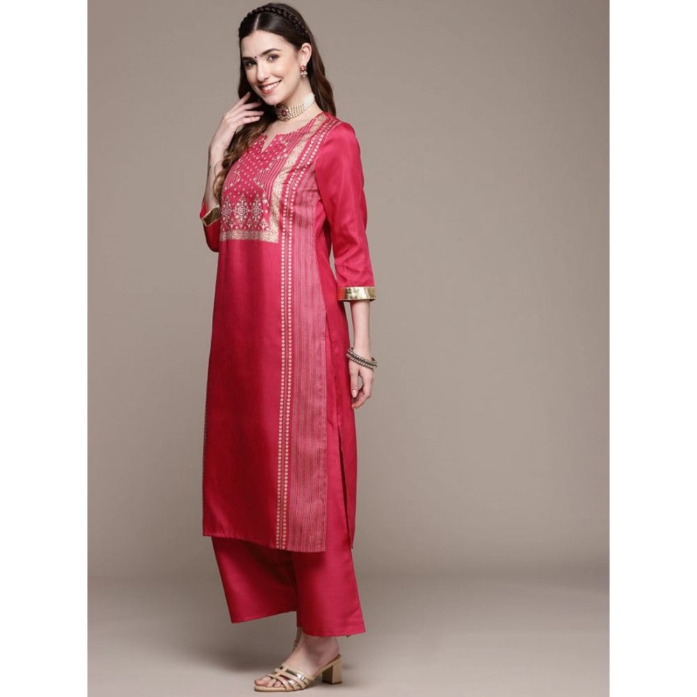 Amfyn Women's Casual 3-4Th Sleeve Ethnic Motifs Poly Silk Kurti And Palazzo Set (Pink)