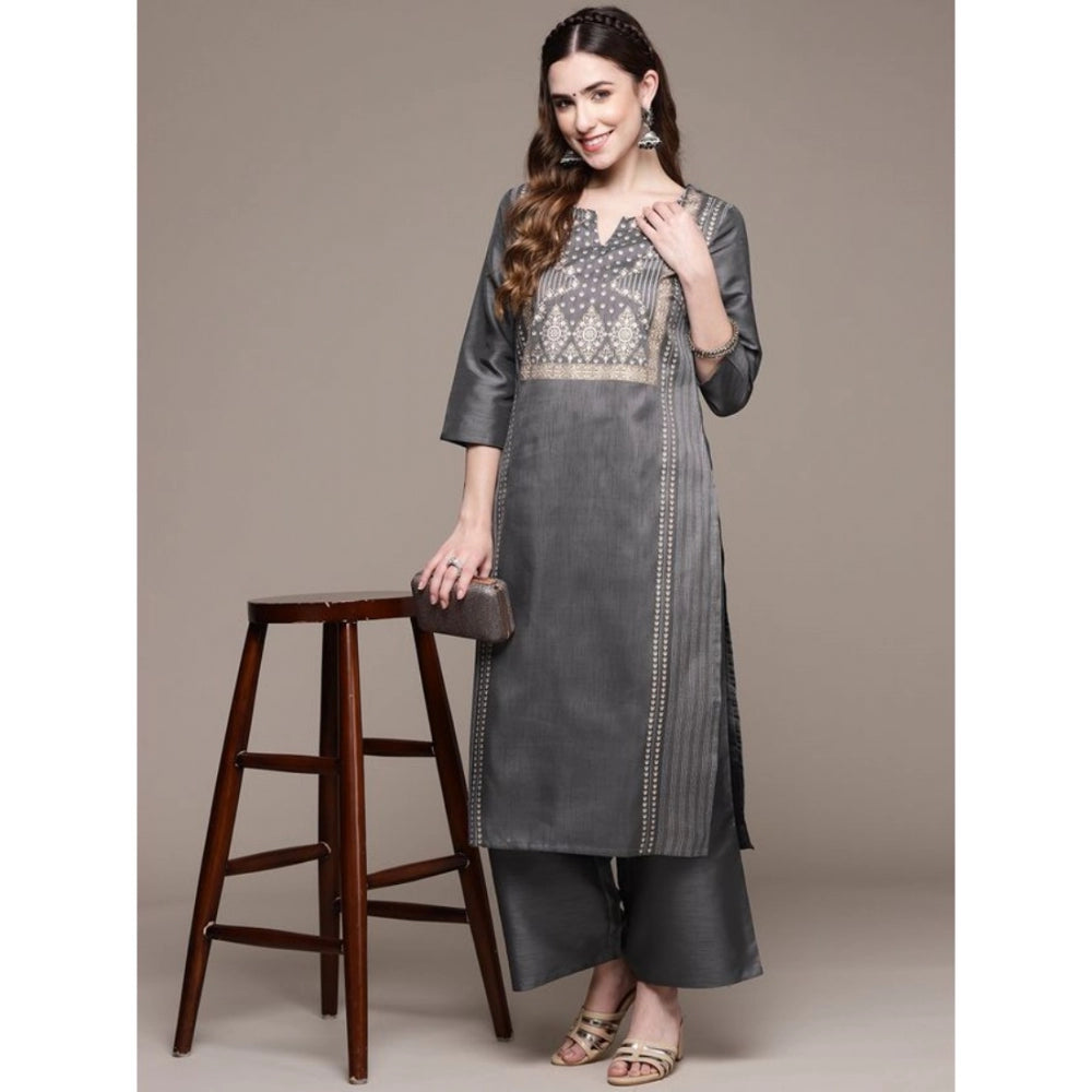Amfyn Women's Casual 3-4Th Sleeve Ethnic Motifs Poly Silk Kurti And Palazzo Set (Dark Grey)