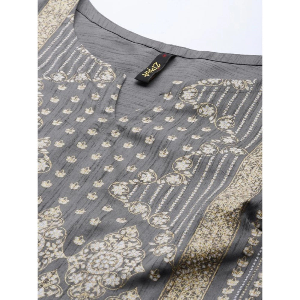 Amfyn Women's Casual 3-4Th Sleeve Ethnic Motifs Poly Silk Kurti And Palazzo Set (Dark Grey)