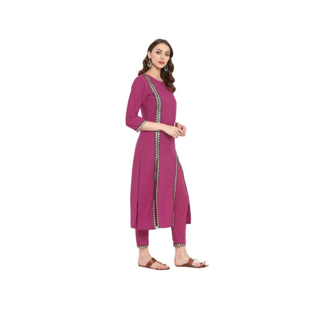 Amfyn Women's Casual 3-4Th Sleeve Solid Crepe Kurti And Pant Set (Pink)