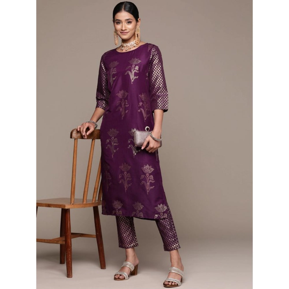 Amfyn Women's Casual 3-4Th Sleeve Floral Printed Chinon Kurti and Pant Set (Purple)