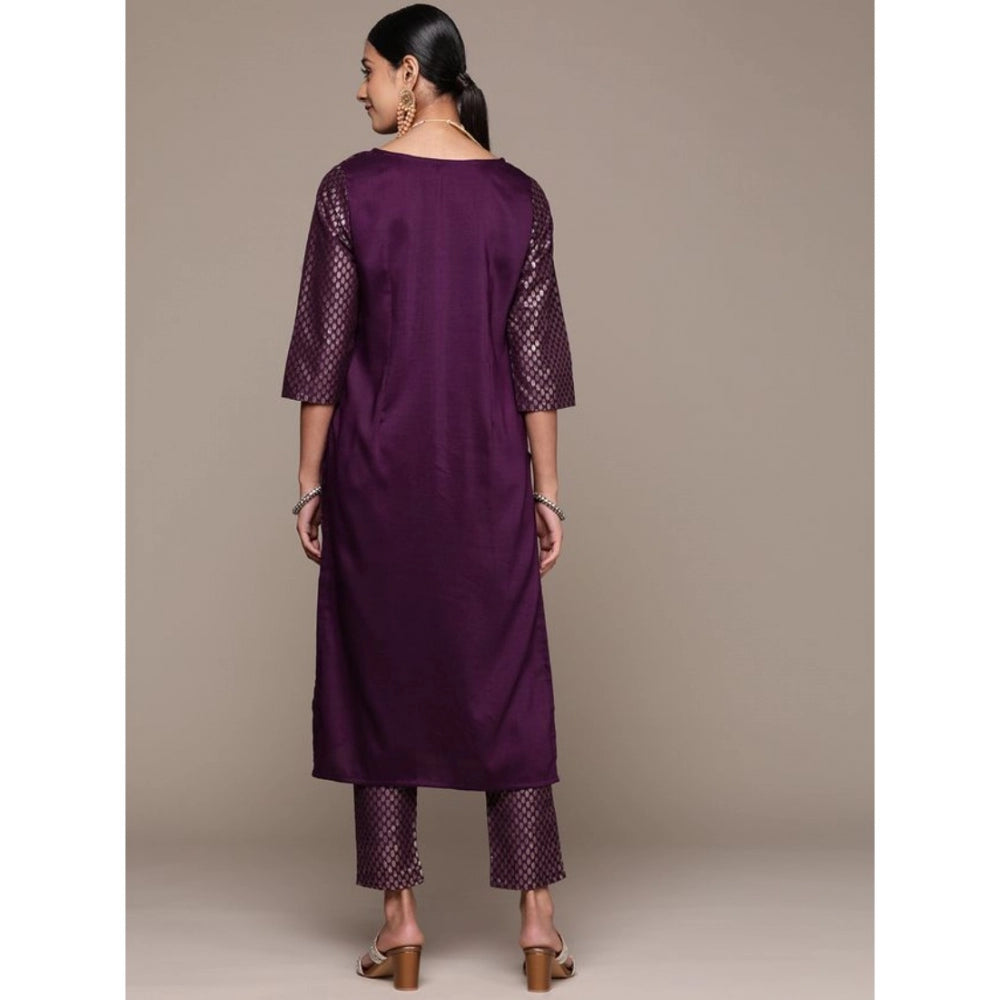 Amfyn Women's Casual 3-4Th Sleeve Floral Printed Chinon Kurti and Pant Set (Purple)