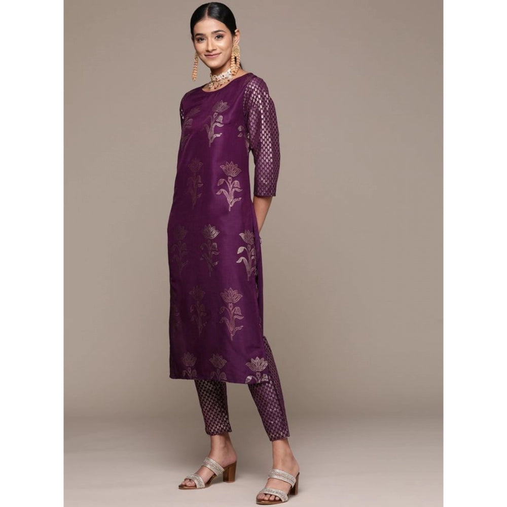 Amfyn Women's Casual 3-4Th Sleeve Floral Printed Chinon Kurti and Pant Set (Purple)