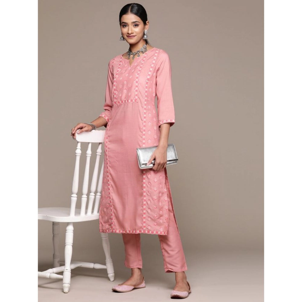 Amfyn Women's Casual 3-4Th Sleeve Floral Printed Chinon Kurti and Pant Set (Peach)