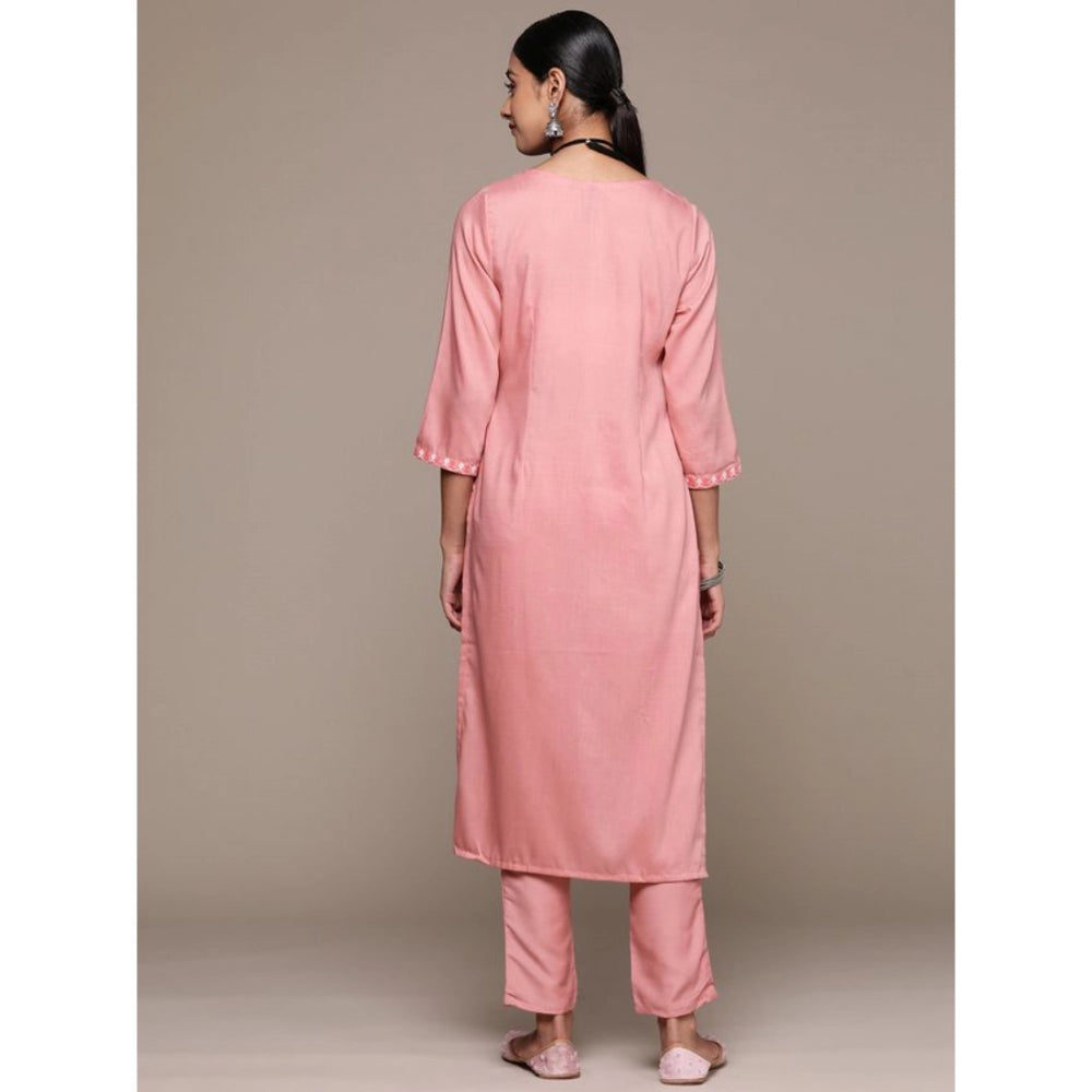 Amfyn Women's Casual 3-4Th Sleeve Floral Printed Chinon Kurti and Pant Set (Peach)
