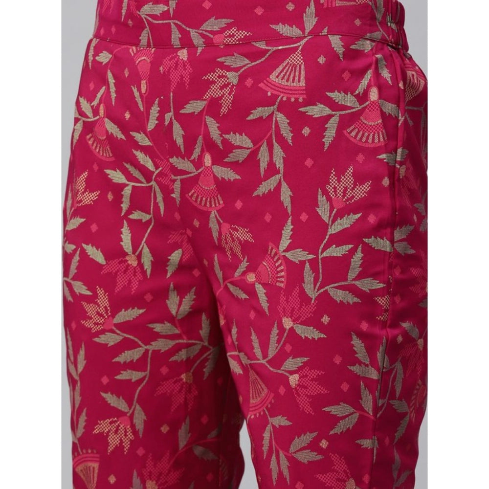 Amfyn Women's Casual Half Sleeve Floral Printed Crepe Kurti And Pant Set (Pink)